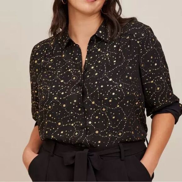 Torrid Black Blouse with Gold Galaxy accents Button-Up Long Sleeve Shirt size 5X - Picture 1 of 15